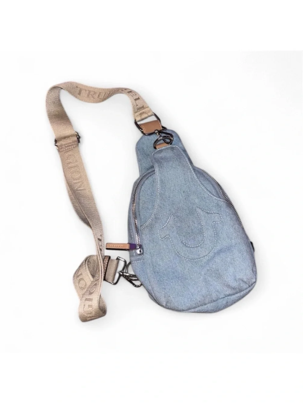 True Religion horse shoe denim crossbody bag / purse.